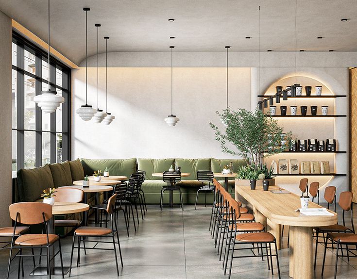 Modern Cafe Design: Inviting Atmosphere with Minimalist Aesthetics and Natural Materials