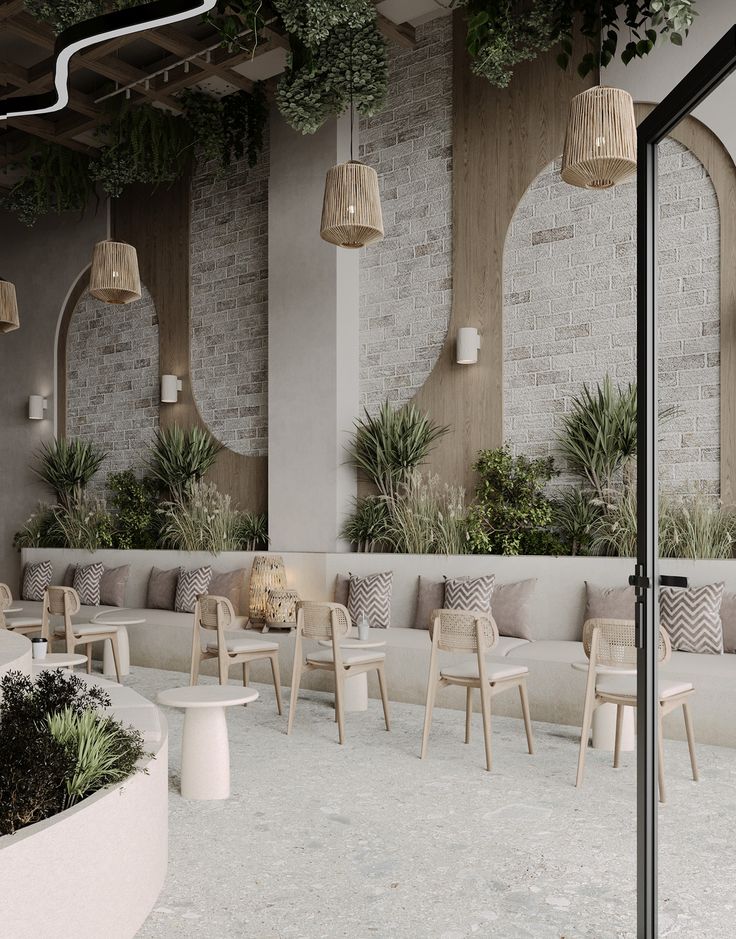 Inviting Cafe Design: A Harmonious Blend of Nature and Modern Aesthetics