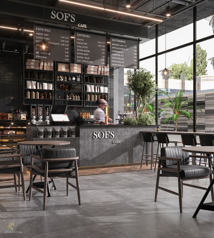 Modern Cafe Design: A Sleek Fusion of Dark Tones and Natural Materials with Inviting Atmosphere