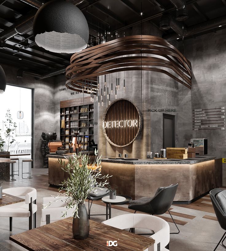 Modern Industrial Cafe Design with Warm Wood and Concrete Aesthetic