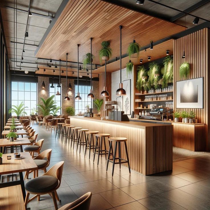 Modern Cafe Design: A Cozy Blend of Warm Wood Aesthetics and Natural Elements