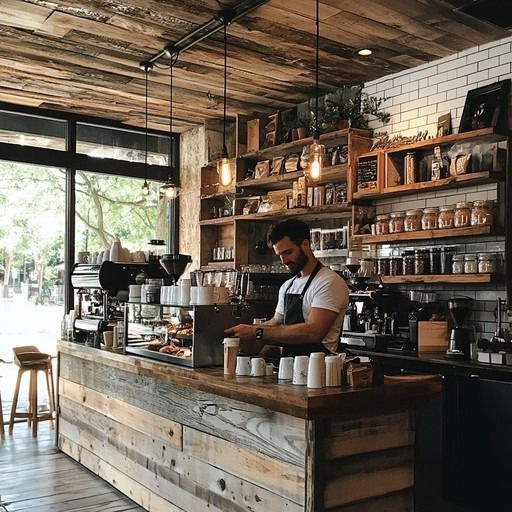 Inviting Cafe Design with Rustic Elements and Natural Light Create Cozy Modern Atmosphere