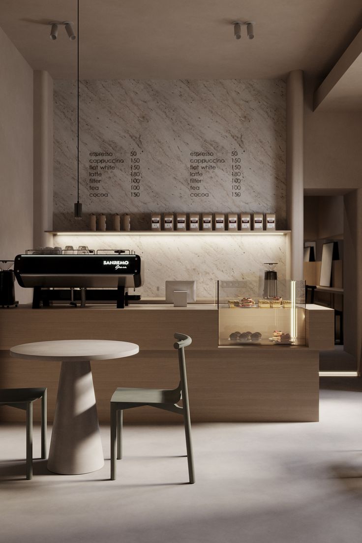 Minimalist Cafe Design: A Warm, Inviting Space with Elegant Materials and Cozy Atmosphere