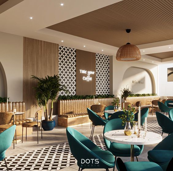 Modern Cafe Design: A Cozy Blend of Earthy Tones and Vibrant Teal with Inviting Ambiance