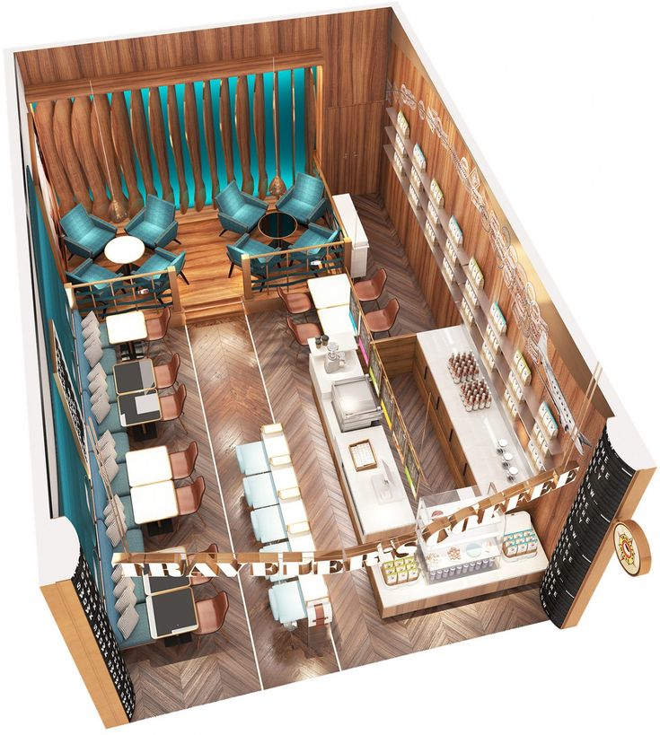 Contemporary Cafe Design Blends Warm Wood, Turquoise Accents, and Modern Aesthetics for Inviting Atmosphere