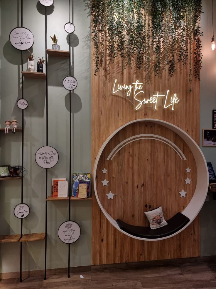 Cozy Cafe Design with Warm Wooden Accents and Whimsical Moon-Shaped Seating