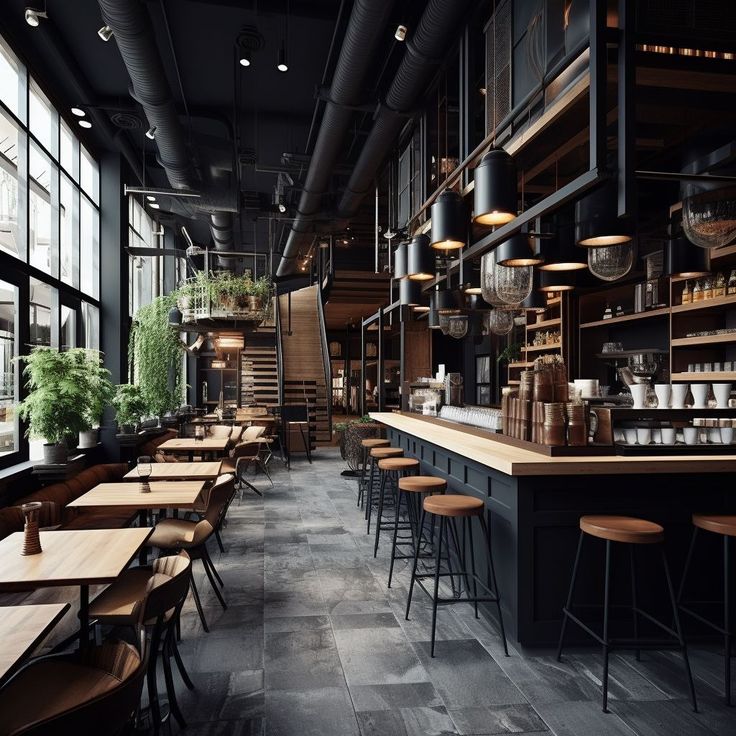 Modern Industrial Cafe: Inviting Atmosphere with Natural Light and Cozy Design