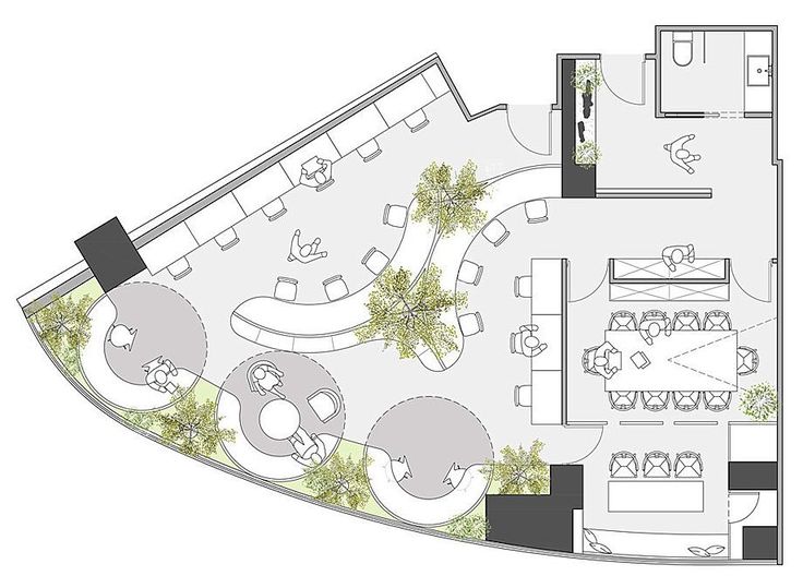 Inviting Cafe Floor Plan Features Open Spaces, Curved Paths, and Greenery for Versatile Dining Experiences