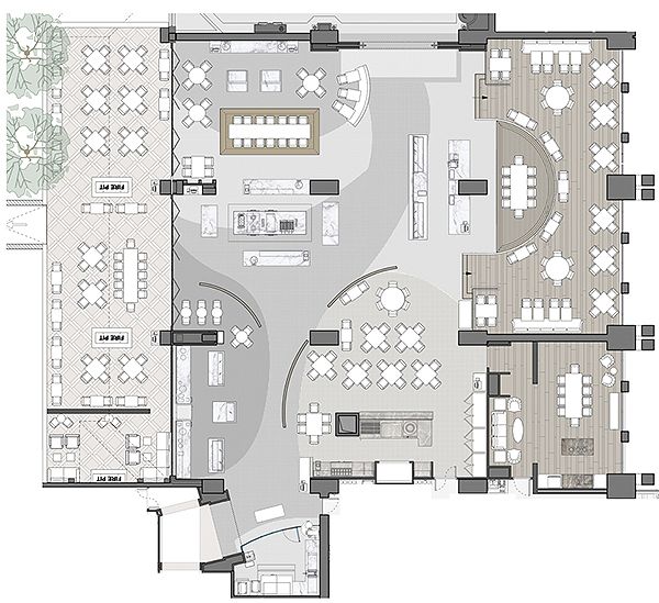 Inviting Cafe Design With Open Layout, Diverse Seating, and Integrated Greenery