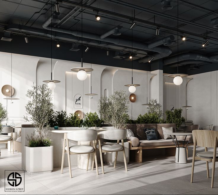 Modern Minimalist Cafe Design with Airy Atmosphere and Inviting Greenery