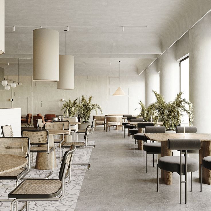 Spacious Minimalist Cafe Design Emphasizing Natural Materials and Inviting Ambiance