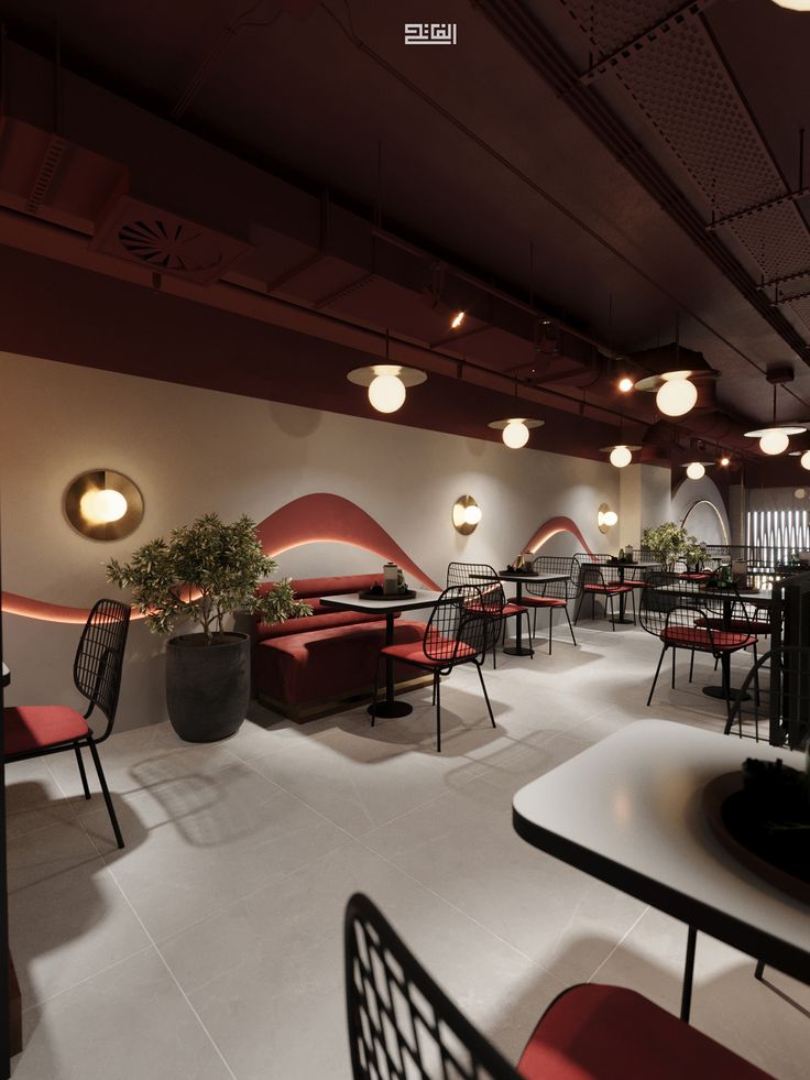 Modern Minimalist Cafe Design: A Warm Palette with Dynamic Motifs and Inviting Atmosphere