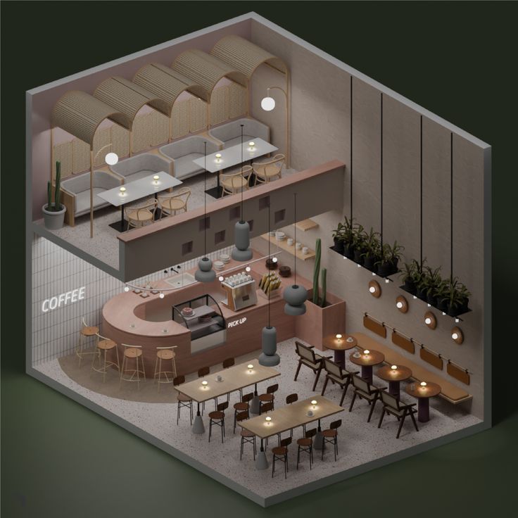 Modern Cafe Design: Inviting Layout with Central Serving Area and Warm Ambiance