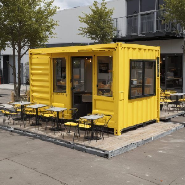 Modern Coffee Shop in a Vibrant Yellow Shipping Container with Outdoor Seating