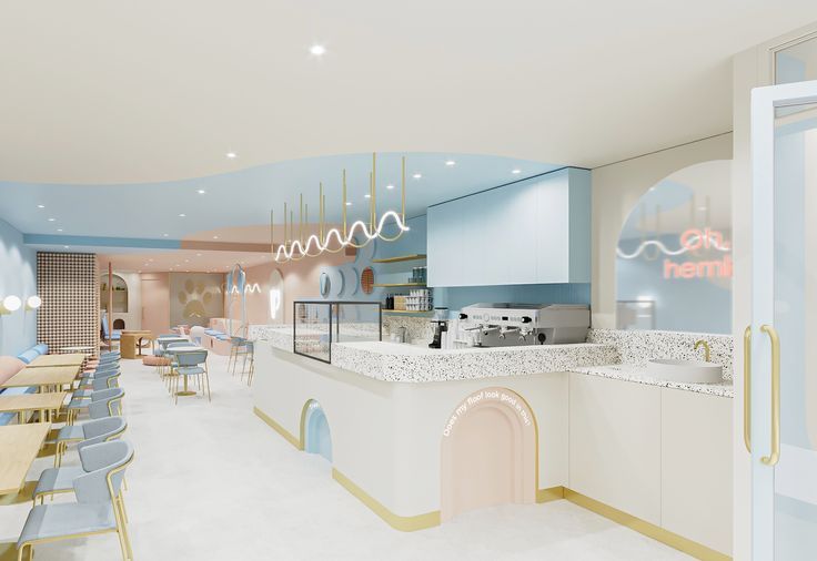 Modern Cafe Design: Inviting Ambiance with Pastel Colors and Whimsical Touches