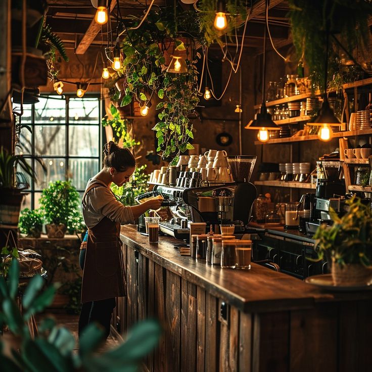 Charming Cafe Design: Rustic Elements and Lush Greenery Create a Cozy, Inviting Atmosphere