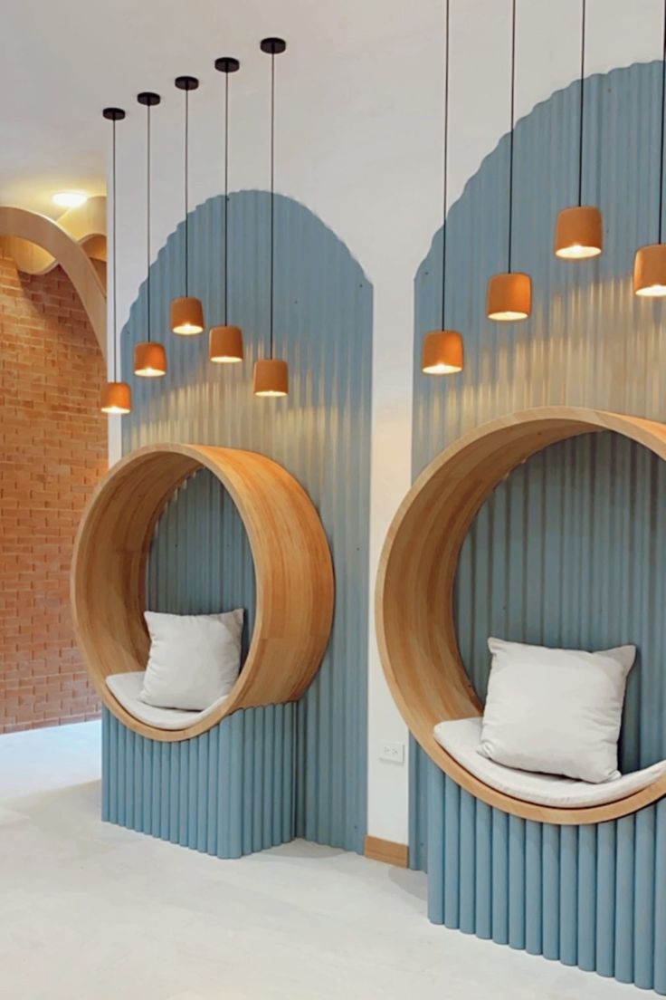 Contemporary Cafe Design: Cozy Circular Seating, Warm Lighting, and Serene Ambiance