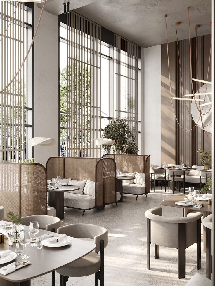 Modern Cafe Design Fostering an Inviting Atmosphere with Natural Light and Elegant Textures