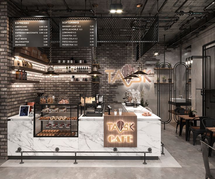 Modern Industrial Cafe Design: Exposed Brick, Sleek Marble, and Cozy Atmosphere