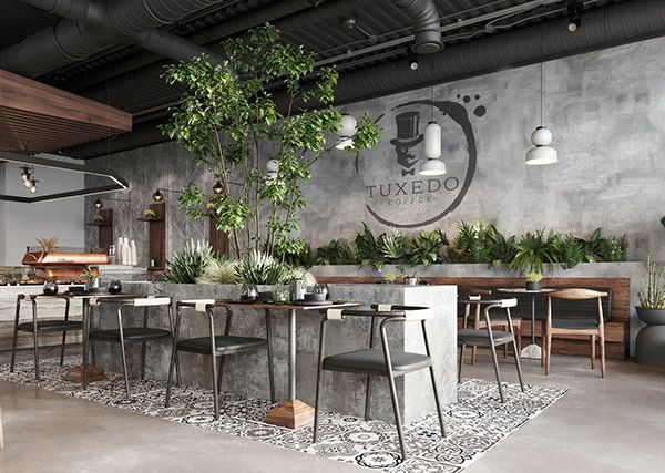 Modern Industrial Cafe Design: A Blend of Concrete, Greenery, and Cozy Comfort