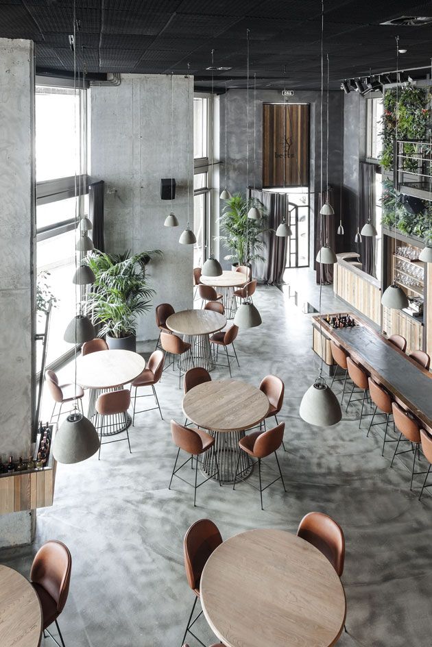 Modern Minimalist Cafe Blending Industrial Elements with Natural Vibrancy