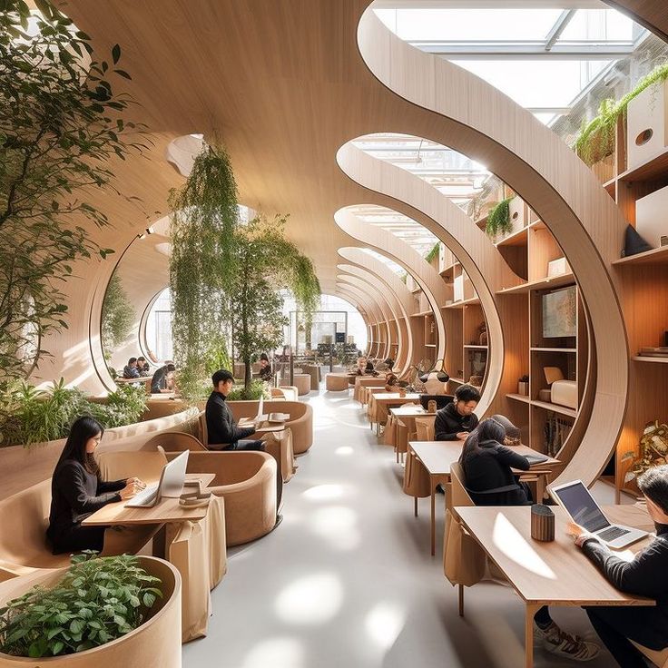 Inviting cafe design embraces modernity with organic architecture, natural light, and a serene atmosphere