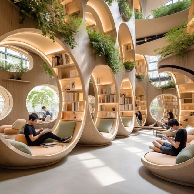 Cozy Organic Cafe Design with Pod-like Spaces and Lush Greenery for Relaxation and Connection to Nature