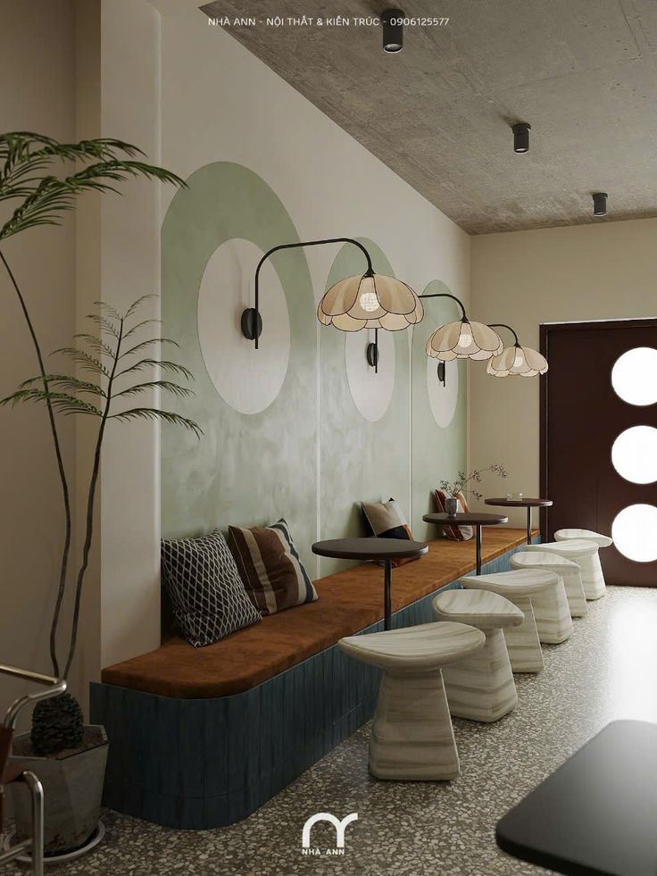 Cozy Cafe Design Blending Modernity and Comfort with Natural Elements and Pastel Hues