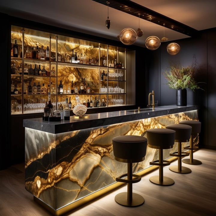 Luxurious Cafe Design: Striking Marble Bar with Elegant Ambiance and Modern Comfort