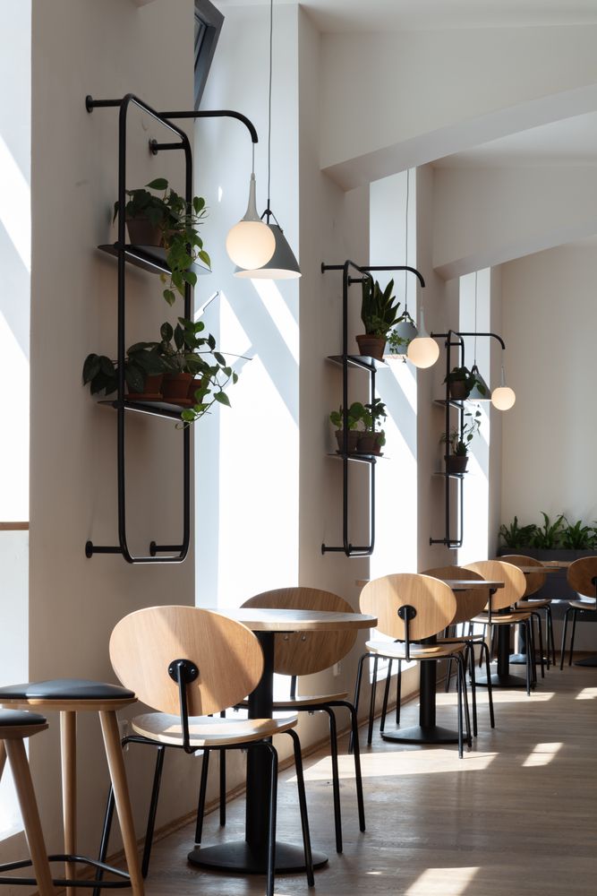 Modern Minimalistic Cafe Design with Inviting Atmosphere and Natural Elements