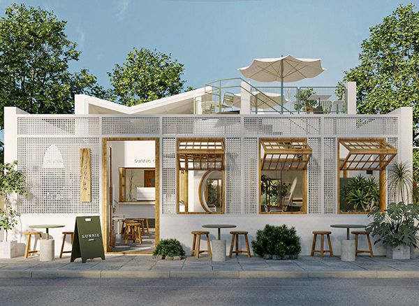 Charming Modern Cafe Design with Inviting Exterior and Outdoor Terrace