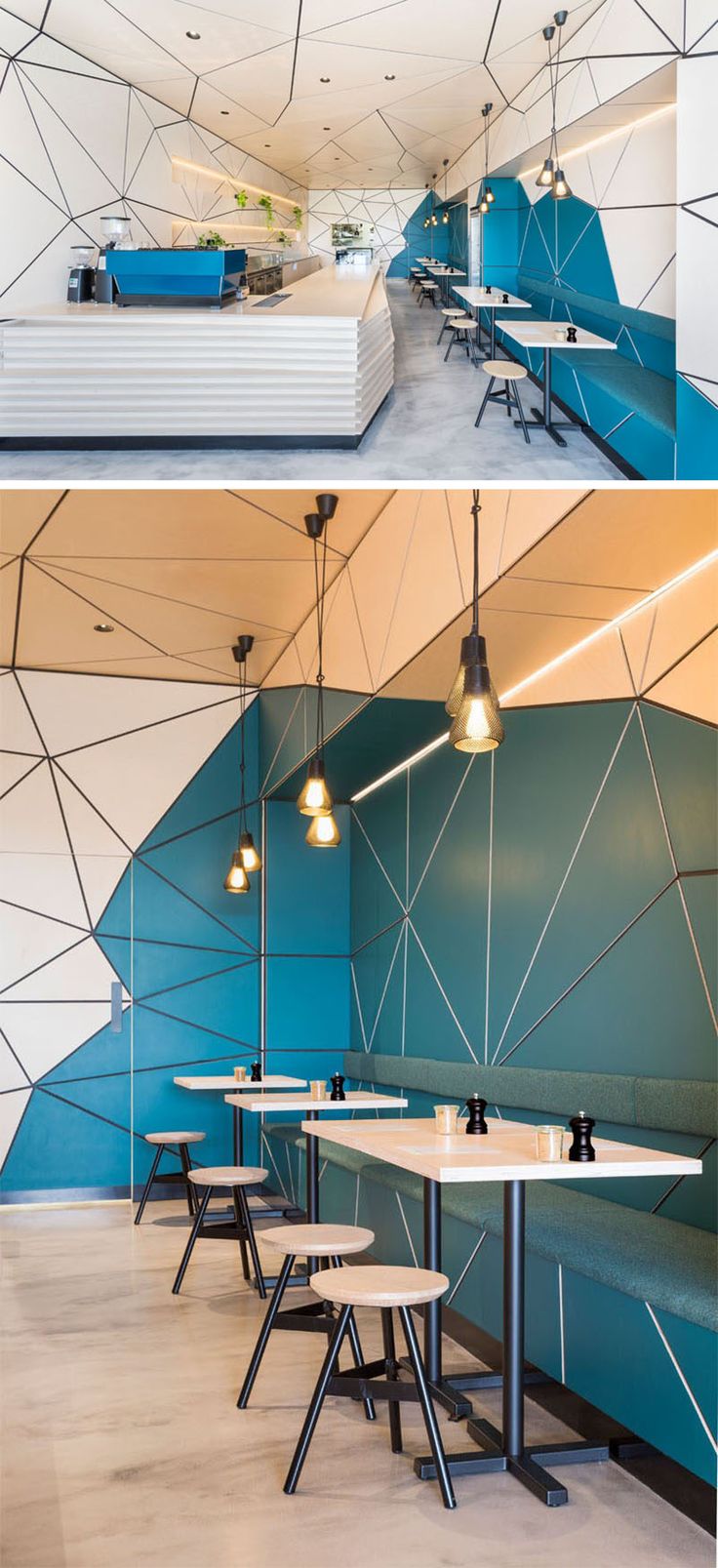 Modern Cafe Design: A Harmonious Blend of Geometric Patterns and Inviting Colors