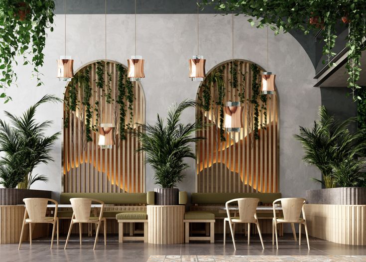 Modern Cafe Design Blends Wood Accents and Lush Greenery for a Welcoming Atmosphere