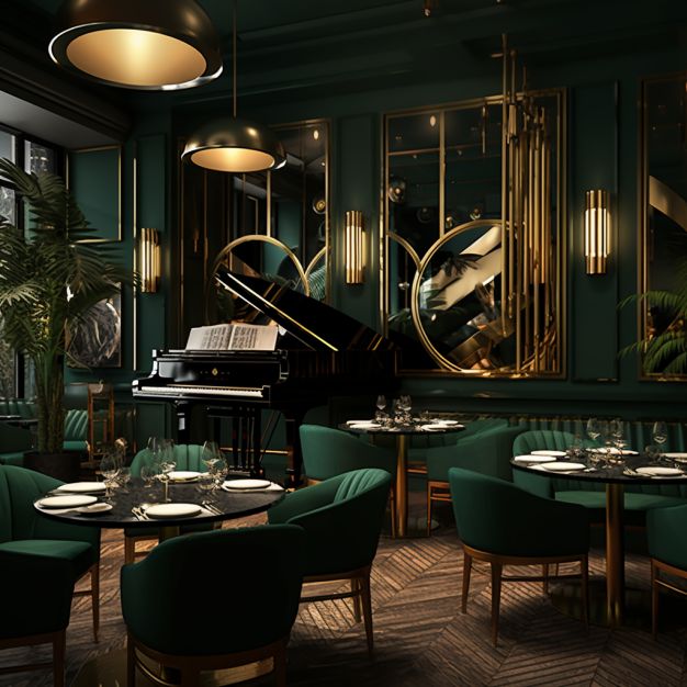 Elegant Cafe Design: Luxurious Seating and Warm Ambiance Enveloped in Greenery