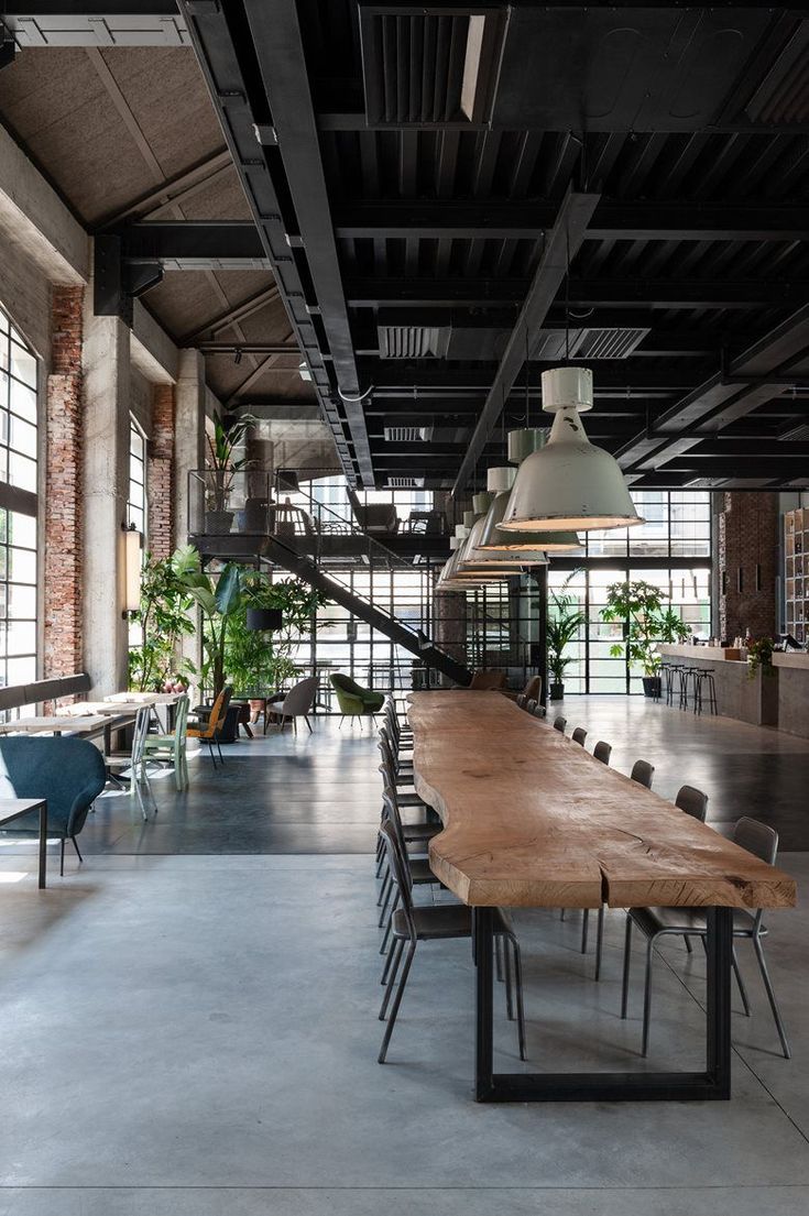 Modern Industrial Cafe: Spacious Design with Natural Light and Communal Vibe