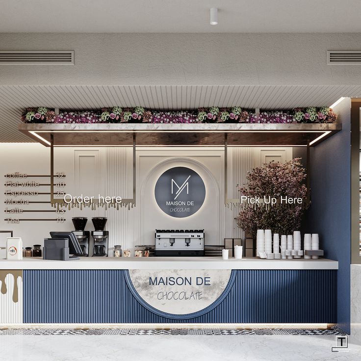 Modern and Inviting Cafe Design with Elegant Features and Vibrant Floral Displays