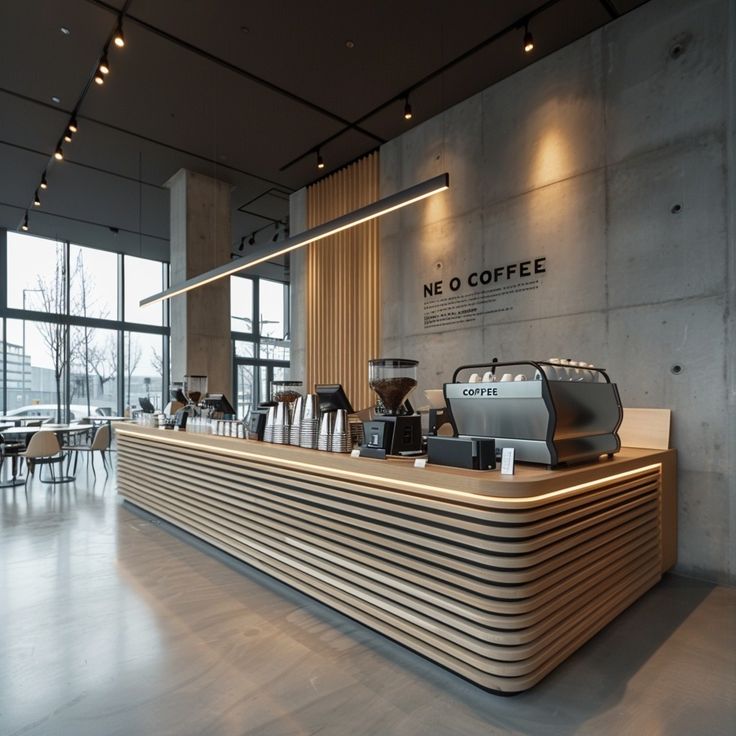 Modern Minimalist Cafe Design: A Harmonious Blend of Wood, Concrete, and Natural Light