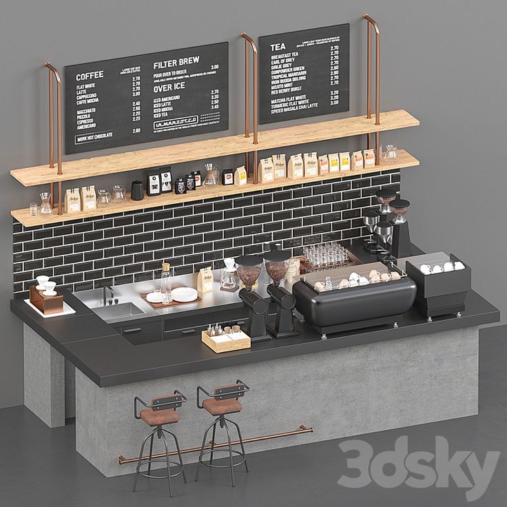 Modern Cafe Design: Sleek Counter with Industrial and Contemporary Elements