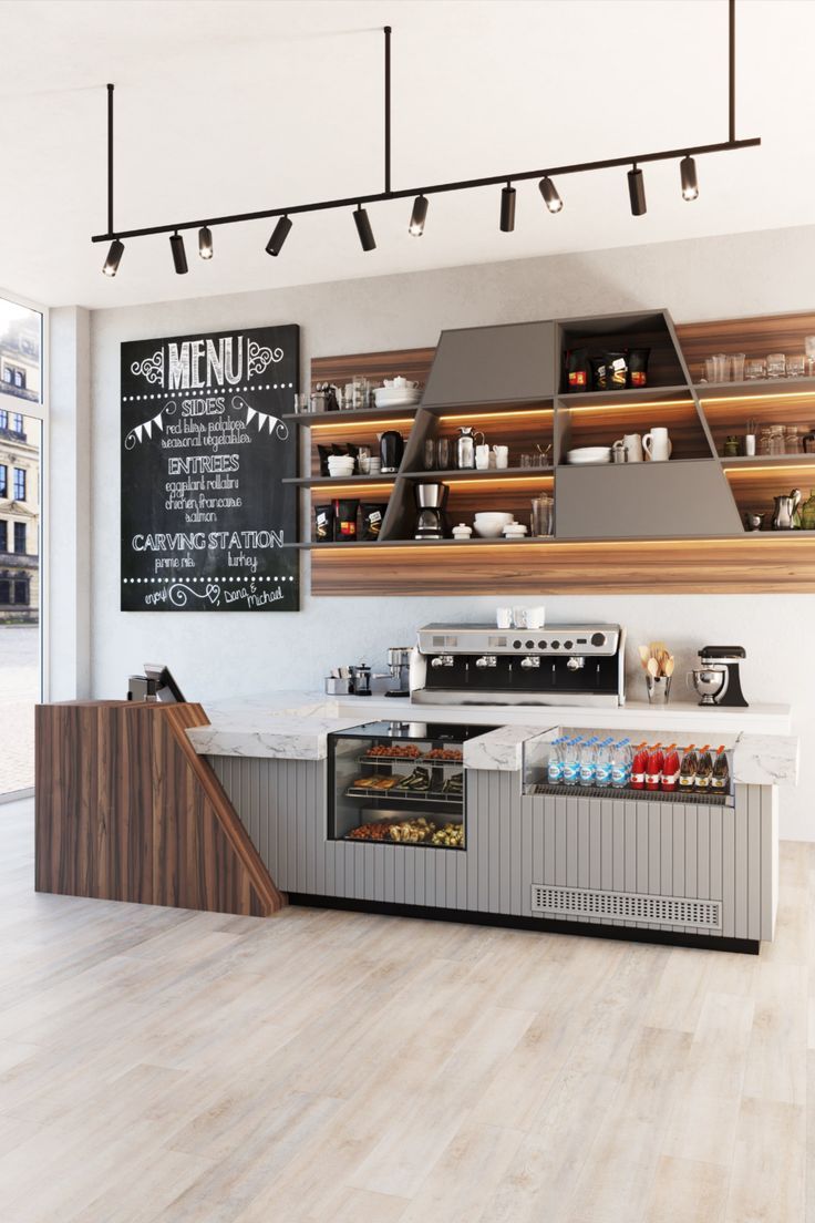 Modern and Inviting Cafe Design: Sleek Marble Counter, Warm Wood Accents, and Vibrant Wall Mural Enhance Social Atmosphere