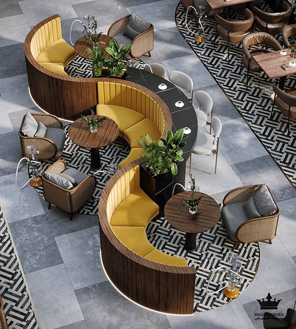 Chic Cafe Design: Modern Layout with Curvy Seating, Warm Wood, and Vibrant Accents for Inviting Atmosphere