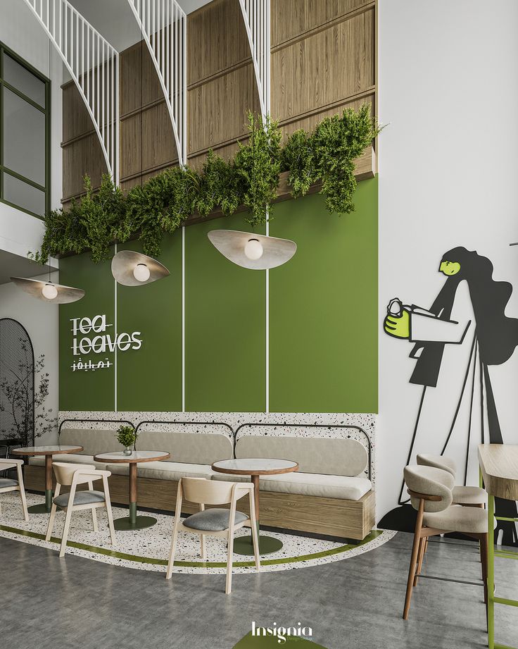 Modern Cafe Design with Inviting Green Palette and Artistic Elements