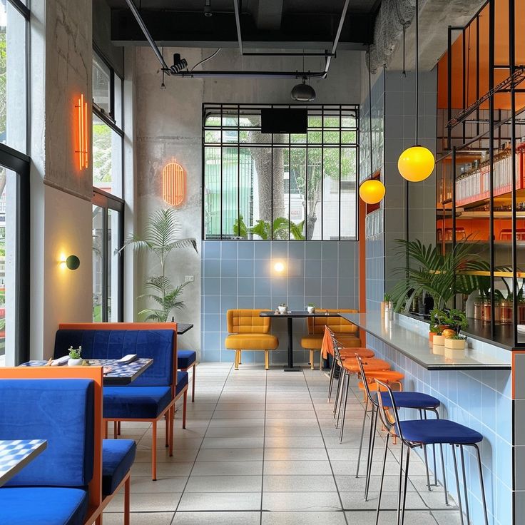 Modern Cafe Design: A Harmonious Blend of Bold Colors and Earthy Tones with Inviting Natural Light