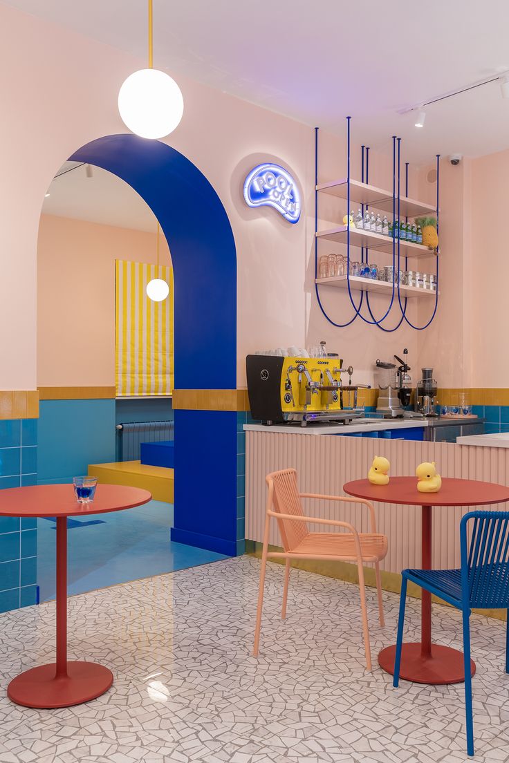 Whimsical Cafe Design Blends Pastels and Bold Accents for a Cheerful Atmosphere