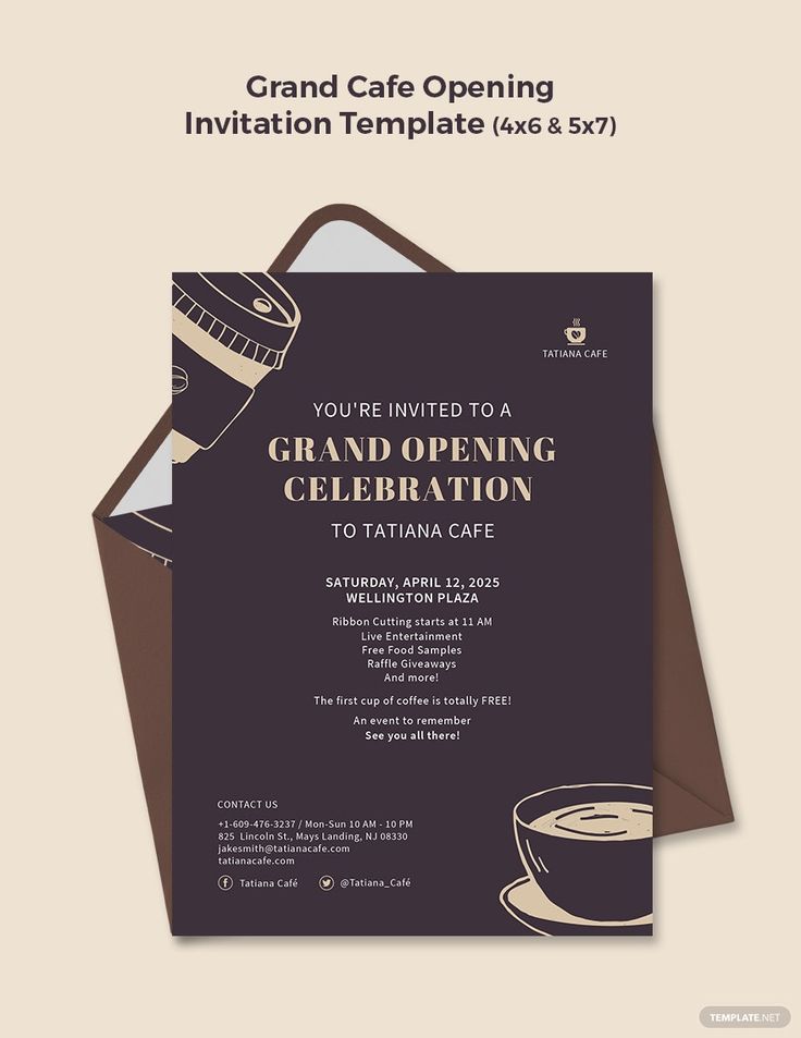 Elegant Modern Cafe Invitation Design Featuring Dark Tones and Gold Accents for Grand Opening Celebration