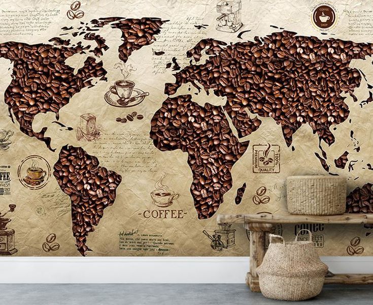 Warm, Rustic Coffee Culture Map Decor Enhances Cozy Cafe Atmosphere