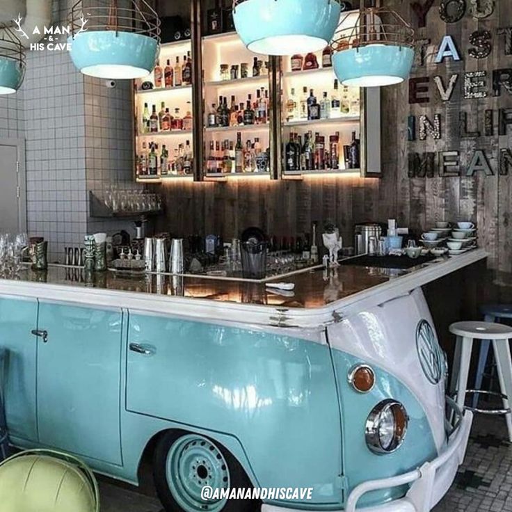 Charming Cafe Design with Vintage Volkswagen Bar and Modern Accents