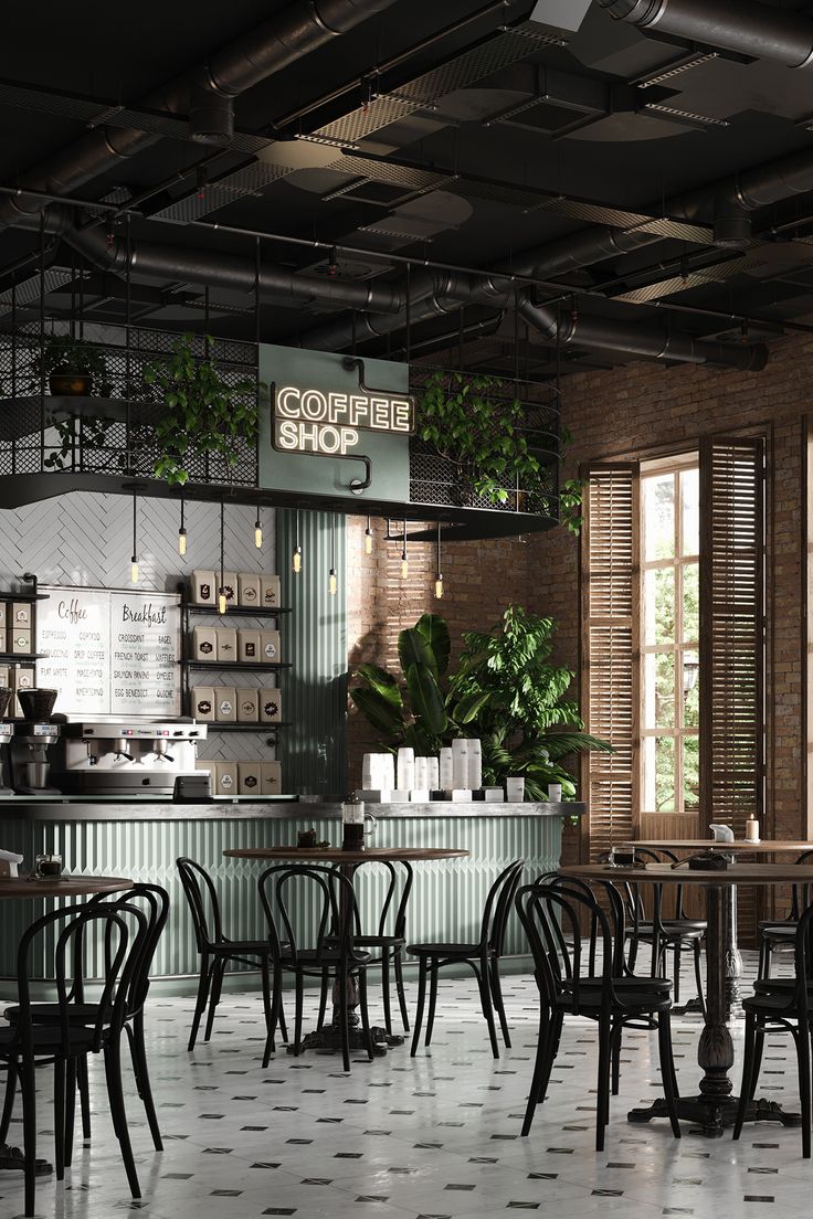 Stylish Cafe Design: A Contemporary Blend of Industrial Aesthetics and Natural Elements