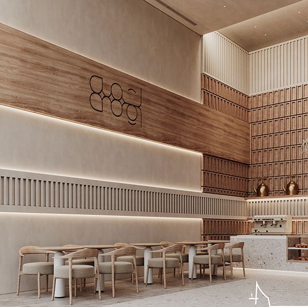 Modern Minimalist Cafe Design: Inviting Ambiance with Warm Wood and Soft Lighting