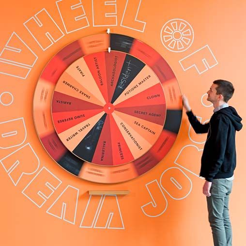 Vibrant Cafe Design with Interactive Job Title Wheel Promotes Fun and Engagement