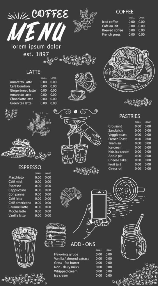 Chic Cafe Design: Cozy Chalkboard Menu with Whimsical Illustrations and Organized Sections